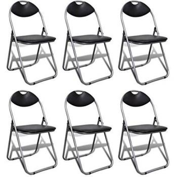 Folding Dining Chairs Set of 6 - Black Faux Leather and Steel
