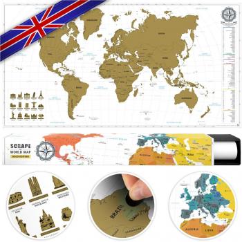 #benehacks Mapa del Mundo en Ingles Tipo póster para rascar SIGA Sus Aventuras de Viaje en un Mapa detallado del Mundo - Mapamundi Oro/Blanco - 84 x 44 cm