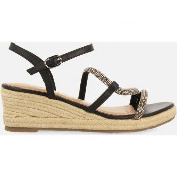 Sandalias negras con tiras con cristales multicolor y cuña de yute para mujer Catania