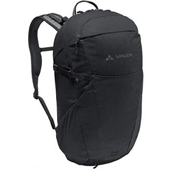Mochila Vaude Neyland Zip 20L para montaña, color negro, capacidad de 20 litros, diseño ligero y compacto, fabricada con materiales reciclados, sistema de ventilación en la espalda, múltiples compartimentos y bolsillos para
