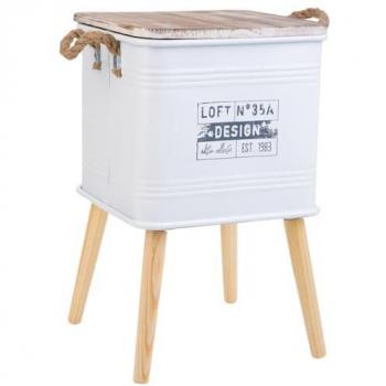 Mesita Caja de Metal con Tapa y Patas de Madera, Asas de Cuerda Impresa en Blanco, 34x34x32/55 cm