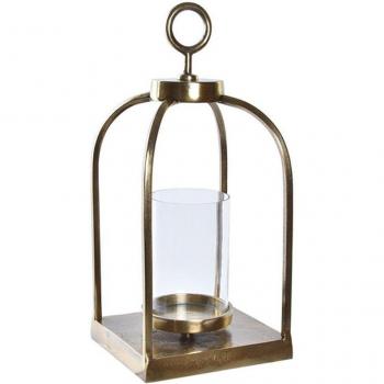 Farol Portavela de Aluminio y Cristal Dorado (19 x 19 x 43 cm)