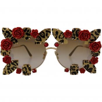 Dolce & Gabbana Gold Metal Frame Roses Embellished DG2207B Sunglasses, Elegant Round Sunglasses with Rose Embellishment, Multicolor female, Size: ONE SIZE