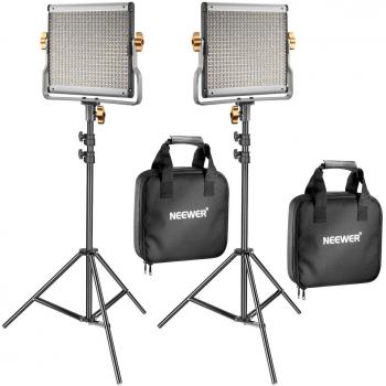Neewer 2 Pack Regulable Bi-color 480 LED de Luz de Vídeo y Kit de Iluminación de Soporte Incluye: 3200-5600K CRI 96 + Panel de LED con Soporte U, 200 Centímetros Soporte de Luz