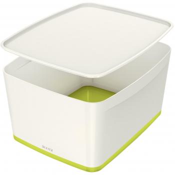 Leitz MyBox Grande con tapa, Caja de almacenaje para casa o la oficina, 18 litros, A4, Blanco/Verde metalizado, Plástico brillante, 52161064