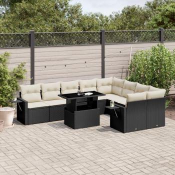 10-Piece Black Poly Rattan Garden Sofa Set with Cushions