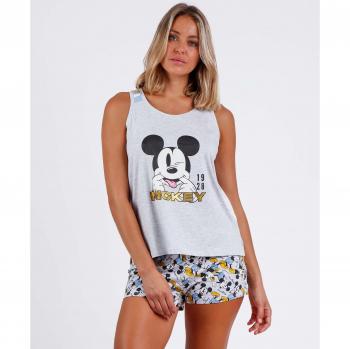 Pijama sin mangas para mujer Disney Mickey Summer gris con cuello redondo y dibujo frontal