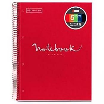 Miquelrius - Cuaderno Espiral Microperforado, Cubierta Cartón Duro, Tamaño A4 210 x 297 mm, 4 Taladros, 120 Hojas de 90 g/m² y 5 Franjas de Color, Cuadrícula de 5 x 5 mm, color Rojo