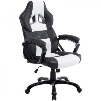 Silla de oficina gaming con ruedas y mecanismo basculante en PVC y plástico negro/blanco