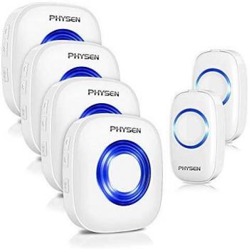 PHYSEN Timbre de Puerta, Timbre Inalámbrico para Puerta, 2 Emisor y 4 Receptores, 5 Niveles de Volumen, 58 Melodías de Timbre, Funcionamiento hasta 1000 Pies de Alcance