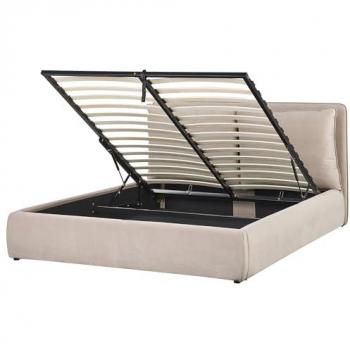 Cama matrimonial otomana de terciopelo beige 160 x 200 cm con almacenaje y respaldo acolchado