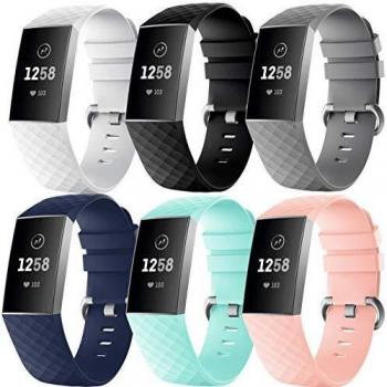Supore 6 Pack Correa Compatible con Fitbit Charge 3/Fitbit Charge 4 Correa para Mujeres Hombres, Pulsera Deportiva de Repuesto Ajustable de Silicona Suave para Fitbit Charge 3 SE, Pequeño Grande