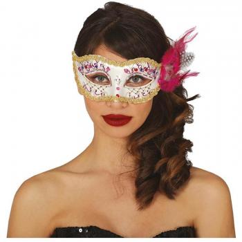 Antifaz Blanco con Pluma Rosa