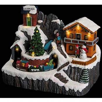 Chalet de Navidad musical con locomotora y luces LED - Decoración navideña animada