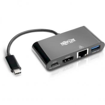 Tripp Lite U444-06N-HGUB-C USB-C Multiport Adapter - HDMI, USB 3.x (5Gbps) Hub Port, Gigabit Ethernet, 60W PD Charging, HDCP, Black, USB 3