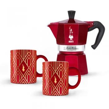 Cafetera Italiana Bialetti Moka Express 3 Tazas con 2 Vasos de Cerámica Rojos - Aluminio de Alta Calidad para Cocina - Ideal para Navidad