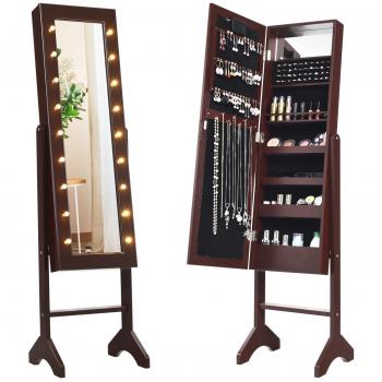 Armario Joyero Vertical con Espejo de Cuerpo Entero Organizador para Joyas con Luces Ángulo Regulable Marrón 145 x 35 x 31,5 cm