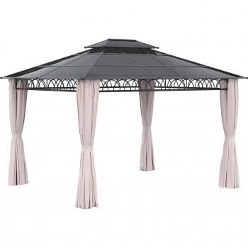 Outsunny Cenador de Jardín 3,6x3 m Gazebo de Exterior con Techo Doble de Policarbonato 4 Cortinas Mosquiteras Laterales con Cremallera y Marco de Al