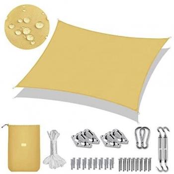 Sekey Toldo Vela de Sombra Impermeable 2x4m Rectangular con Cuerda y Kit de Montaje Protección Rayos UV, Resistente al Desgarro, para Terraza Balcon Patio Exteriores Jardín, Arena
