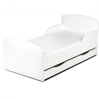 Leomark Blanco Cama Infantil Completa de Madera - Estilo Escandinavo - Marco de Cama, Colchón, Somier, cajón, Blanco Muebles para Niños, Moderno Dormitorio, Impresa Mobiliario, Espacio para Dormir: 140/70 cm