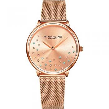 Stührling Rose Gold Symphony Quartz Watch 38mm with Crystal Dial and Stainless Steel Mesh Bracelet