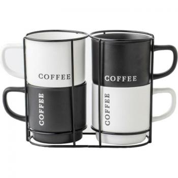 Juego de 4 Tazas Mug Home ESPRIT Blanco Negro Metal Porcelana 380 ml 13 x 9 x 9 cm