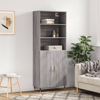 Aparador alto de madera contrachapada gris sonoma 69,5x34x180 cm con 2 puertas, mueble de almacenaje para salón, buffet y armario auxiliar