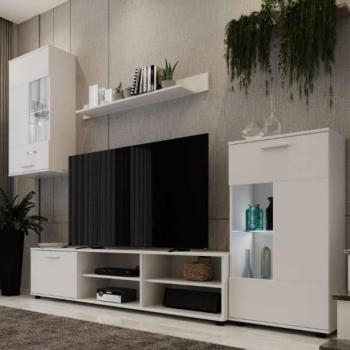 Mueble de salón moderno en color blanco mate, dimensiones 230x38,3 cm, fabricado en melamina