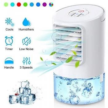 Mini Enfriador de Aire, Mini Acondicionador de Aire Móvil, 4 en 1 Enfriador de Aire con Función de Humidificación, 2 Temporizadores/3 Niveles de Potencia/7 Colores Luz, Perfecto para Trabajo y Hogar