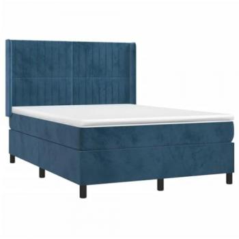 Cama Box Spring con Colchón y LED Azul Oscuro 140x190 cm Terciopelo