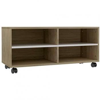 vidaXL Mueble para TV con Ruedas Aglomerado Blanco y Sonoma 90x35x35cm Soporte Accesorios Centro Entretenimiento y Multimedia Diseño Moderno Práctico