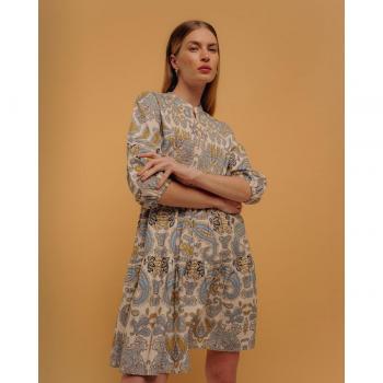 Niza - Vestido corto con nido de abeja en algodón estampado Cashmiras Azul Crema