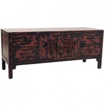 Mueble Bajo de Madera con 2 Puertas y Cajones, Color Negro y Rojo Granate, Dimensiones 120x40x50 cm