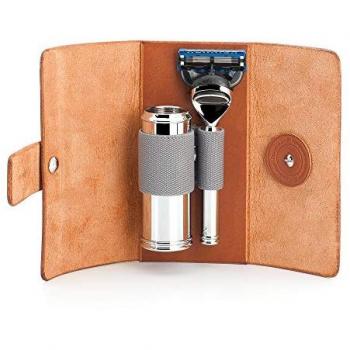 Mühle Travel Shaving Kit with Fusion Razor and Silver Tip Fiber Brush in Vegetable-Tanned Cowhide Case