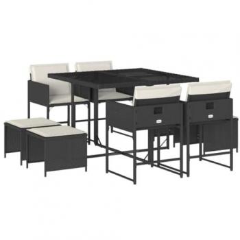 Set de comedor de jardín 9 pzas con cojines en ratán sintético negro