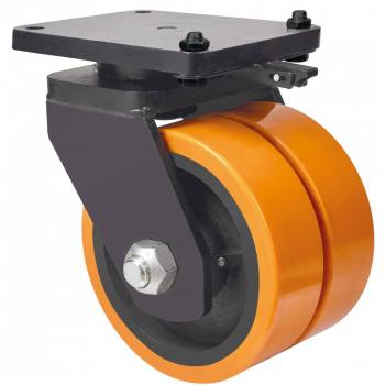 Rueda Giratoria Alex Serie HLR-HU con Platina y Bloqueo Direccional, Doble Rodamiento de Bolas, Diámetro 250 mm, Cuerpo de Hierro y Poliuretano Naranja
