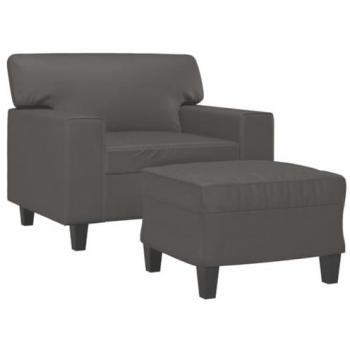 Sillón con Taburete de Cuero Sintético Gris 60 cm, Silla con Respaldo y Reposabrazos, Sofá de Relax para Salón