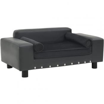 Dark Grey Plush and Faux Leather Dog Sofa 81x43x31cm