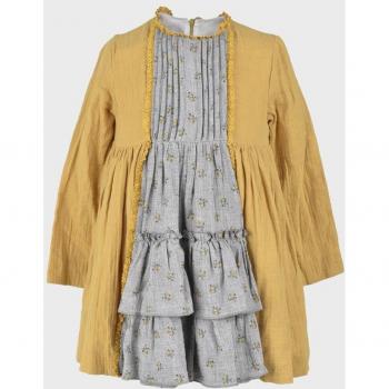 La Ormiga - Vestido de niña amarillo de algodón con manga larga y volantes