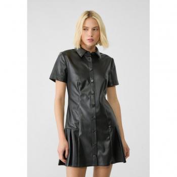 Short Black Faux Leather Shirt Dress with Box Pleats - Size L