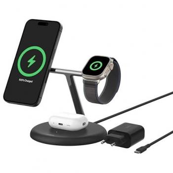 Cargador Inalámbrico Belkin BoostCharge Pro 3 en 1 Qi2, 15W, Magnético para iPhone, AirPods y Apple Watch - Negro