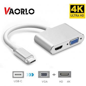 Adaptador VAORLO USB-C a HDMI 4K 30Hz y VGA Hub, Convertidor de Audio y Video USB 3.1 Tipo C a VGA 1080P para Macbook Pro, Color Plata