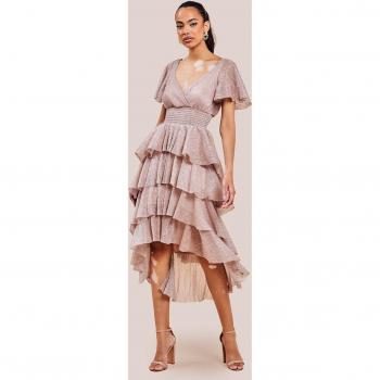 Goddiva Crinkle Lurex High Low Layered Midi Dress - Blush