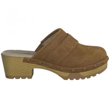 Cómoda Zueco Mujer TAMARIS 837300 Nubuck Cuero Marrón con Plantilla Anatómica Acolchada, Ajuste Elástico, Bloque Imitación Madera y Piso Antideslizante, Altura