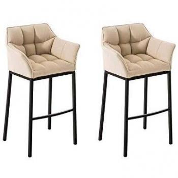 Set de 2 taburetes de bar Damaso en tela con base metálica de 4 patas, color crema y marco negro, con reposabrazos