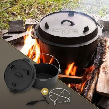 Juego de Olla Holandesa BBQ 4,2L de Hierro Fundido con Tapa y Soporte de Acero