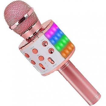 ASENTER Micrófono Inalámbrico Bluetooth Karaoke con luces LED,Infantil Portátil de mano Speaker Machine Birthday Home Party Compatible con Android/iOS/PC/AUX o Teléfono Inteligente Oro Rosa