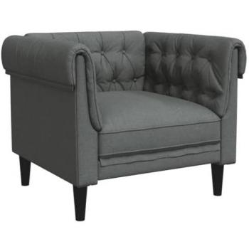 Sillón Chesterfield de tela gris oscuro, tapizado con respaldo y reposabrazos, ideal para salón y descanso