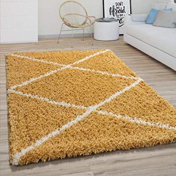Alfombra Pelo Largo Salón Shaggy Diseño Rombos Escandinavo Moderna Amarillo Ø 200 cm Redondo