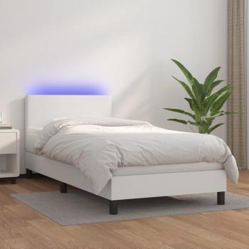 Cama box spring con colchón y LED en cuero sintético blanco 100x200 cm